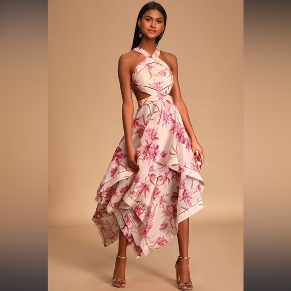 SOLD Lulu’s Only a Dream Peach Floral Print Cutout Handkerchief Dress - XS - Picture 2 of 11